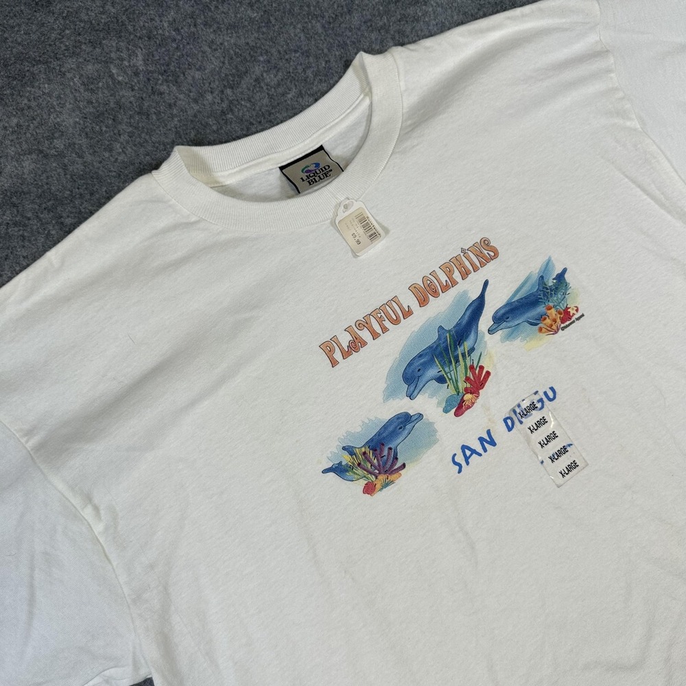 Vintage Liquid Blue Shirt Mens XL Playful Dolphins San Diego Graphic 90s USA
